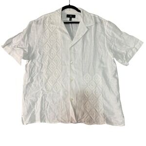 BR Mens Linen Blend Short Sleeve Embroidered Camp Shirt White Size L